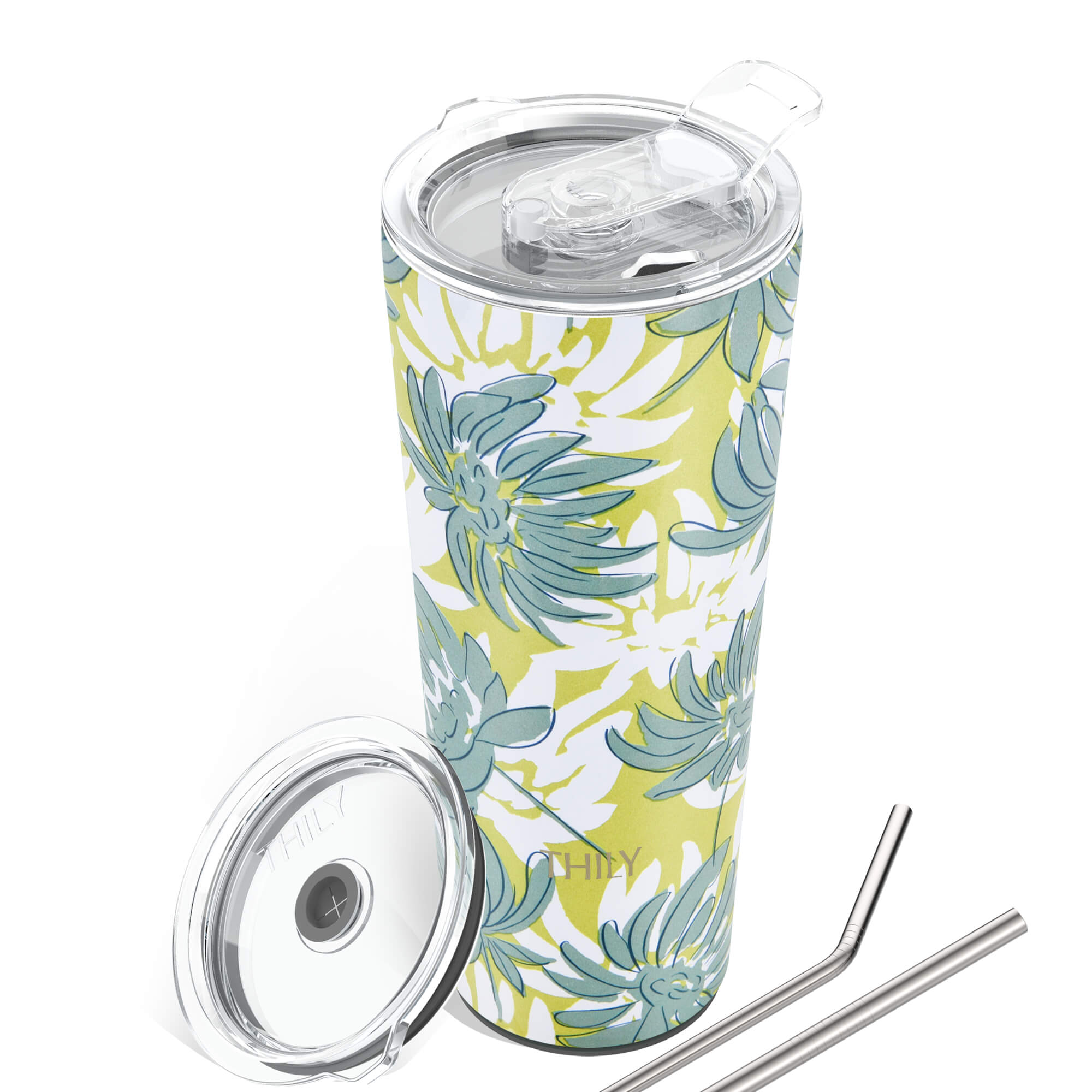 Stainless Steel Vacuum Insulated Tumbler - THILY Travel Mug 26 oz Coffee Cup with 2 Lids and Straws, Splash Proof, Keep Ice Drinks Cold, Pink Lilies