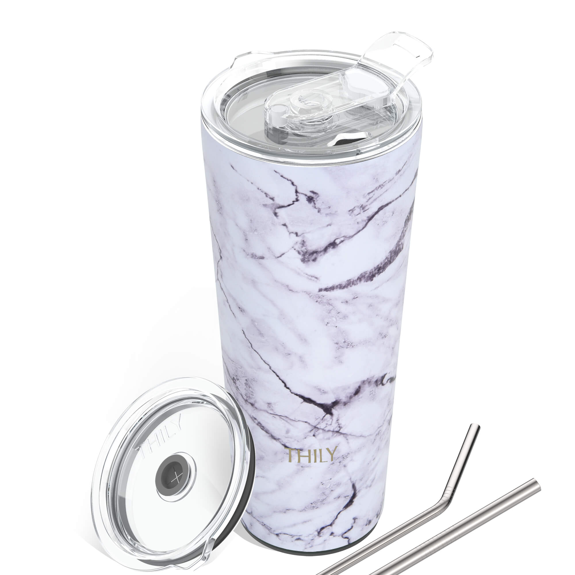 Destination Holiday Tumbler with Handle & Straw - White Marble