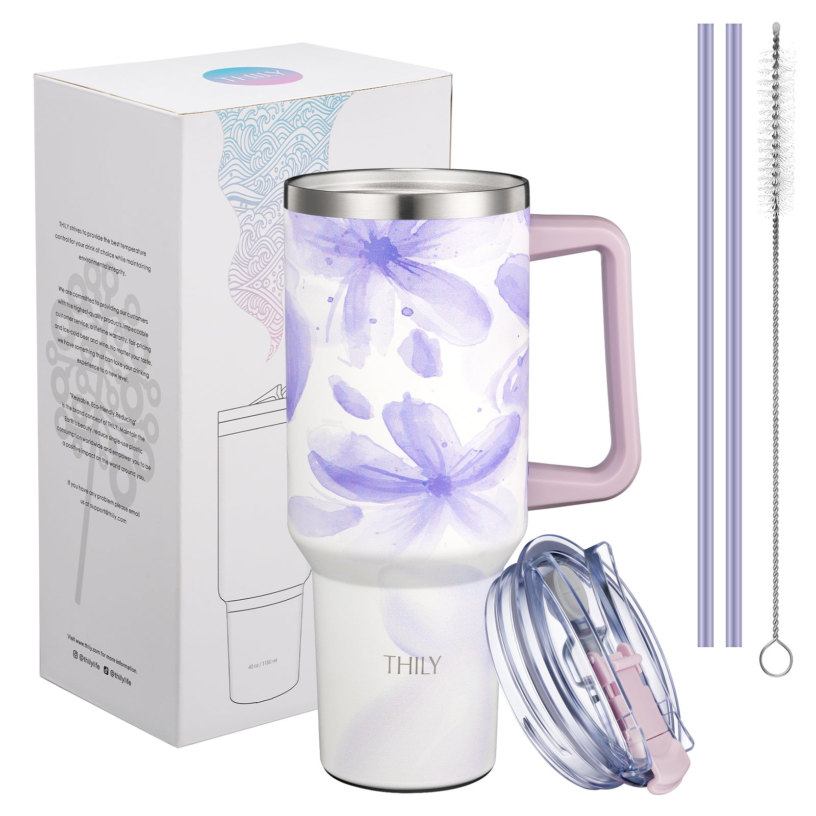 THILY Stainless Steel Insulated 40 oz Travel Mug - Violet Leaves
