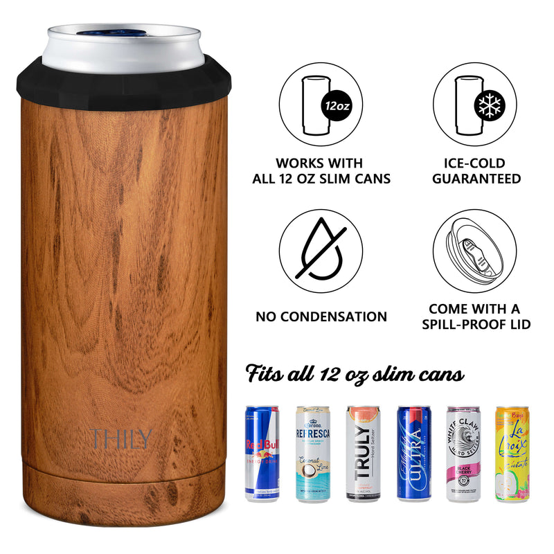 Skinny Can Cooler for Slim Beer & Hard Seltzer - 2 Pack(Wood + Watercolor Flower) by THILY