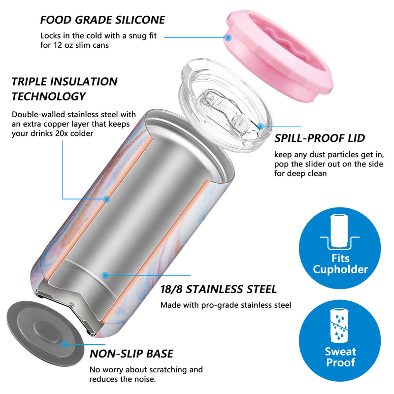 4-in-1 Skinny Can Cooler for Slim Can Cooler Beer & Hard Seltzer   Stainless Steel Double Walled Vacuum Insulated Can Holder, Fits 12oz Bottle  & Can Non-Slip (with Straw) Pink 