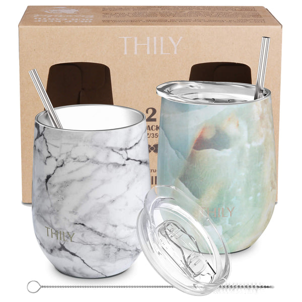 Wine Tumbler丨 Cheers Set 2 Pack丨White Marble + Opal Marble - THILY