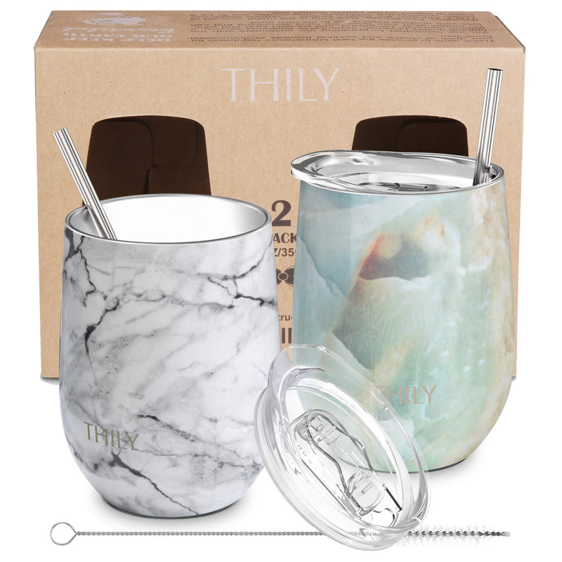 Wine Tumbler丨 Cheers Set 2 Pack丨White Marble + Opal Marble - THILY