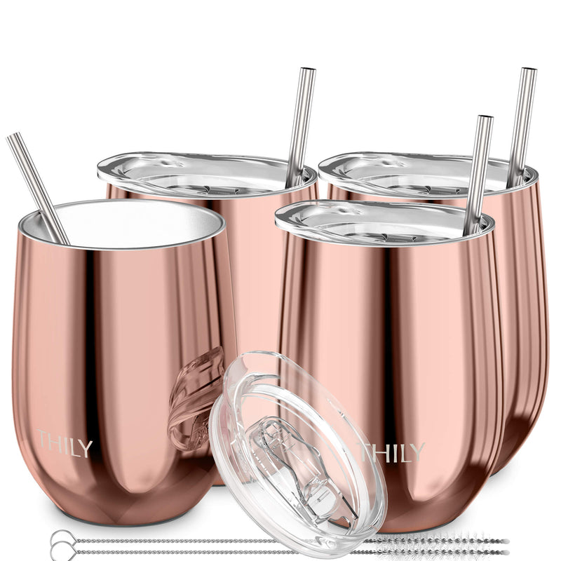 Metal Insulated Stemless Wine Glasses - THILY 4 Pack Stainless Steel Wine  Tumbler with Lid and Straw, Travel Cup Set, Reusable, Keep Cold & Hot for  Wine, Coffee, Drinks, Silver 