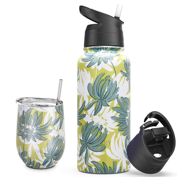 THILY 12 oz Wine Tumbler and 32 oz Water Bottle, Green Chrysanthemum - THILY
