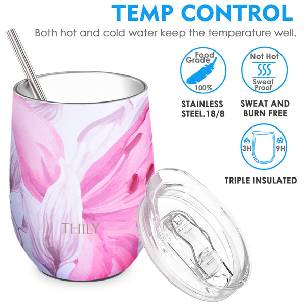 THILY 12 oz Wine Tumbler and 32 oz Water Bottle, Lotus Flower - THILY