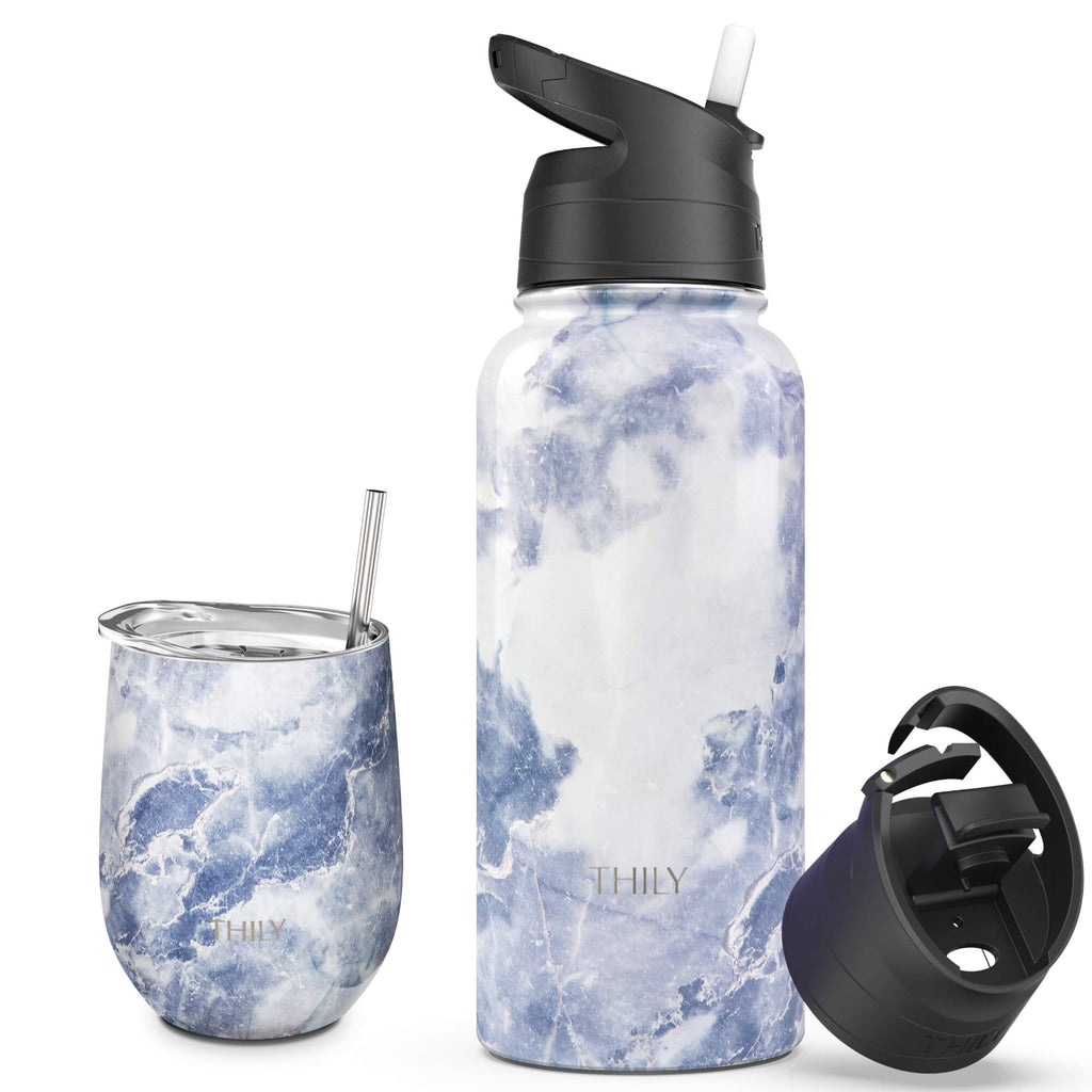 THILY 12 oz Wine Tumbler and 32 oz Water Bottle, Blue Marble
