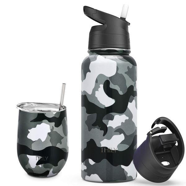 THILY 12 oz Wine Tumbler and 32 oz Water Bottle, Camo - THILY