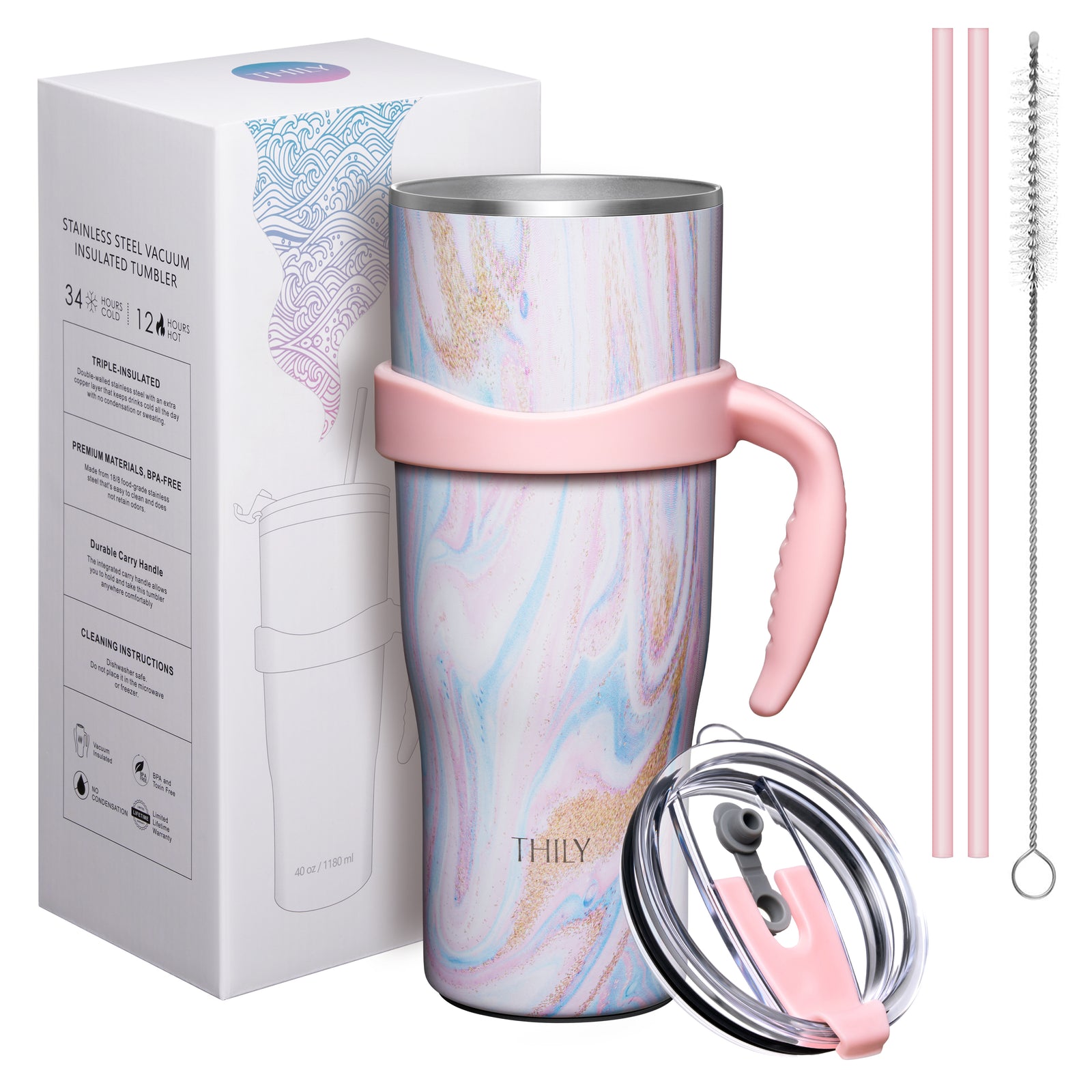 Travel Mug with Handle | 40 oz | Pink Ripple – THILY