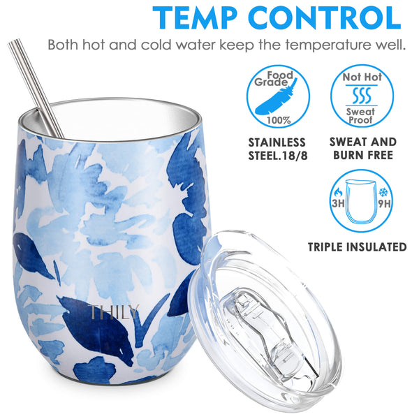 THILY 12 oz Wine Tumbler and 32 oz Water Bottle, Blue Maple - THILY