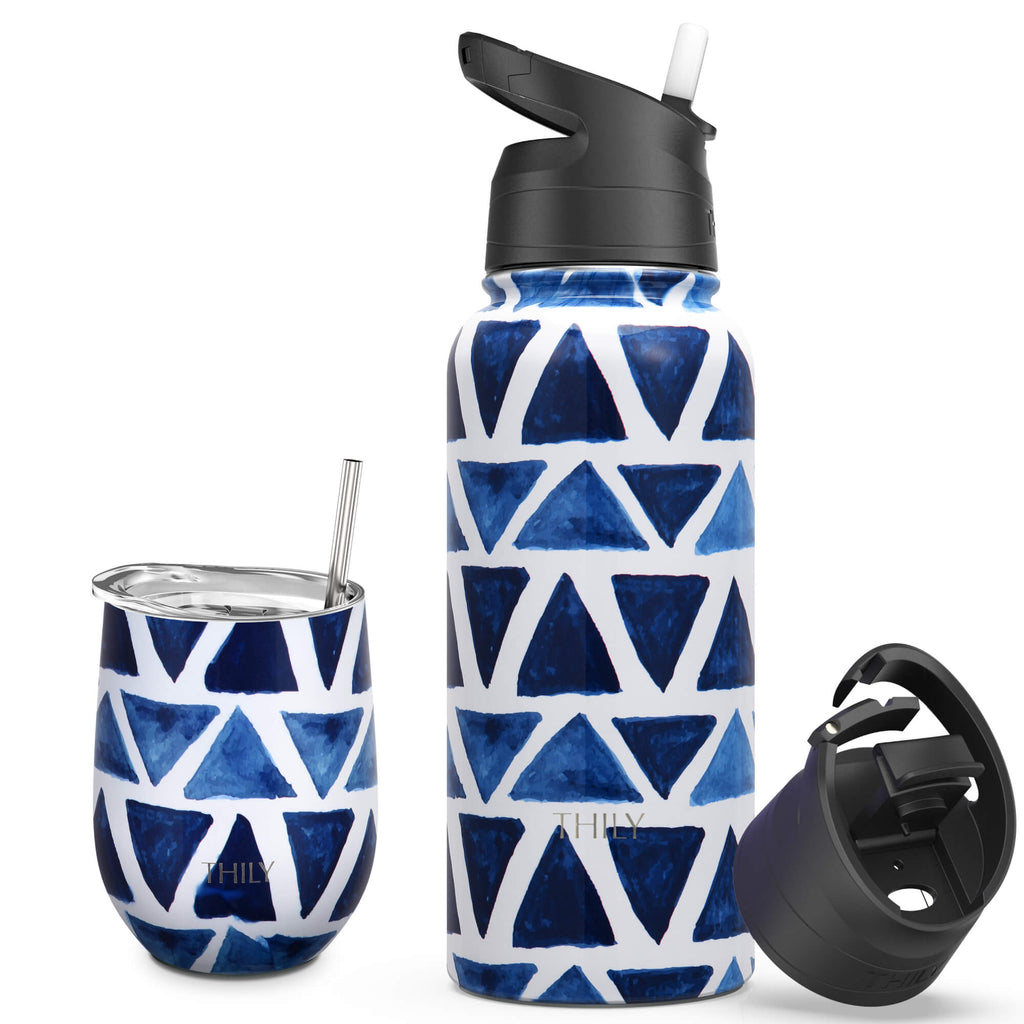 THILY 12 oz Wine Tumbler and 32 oz Water Bottle, Blue Marble