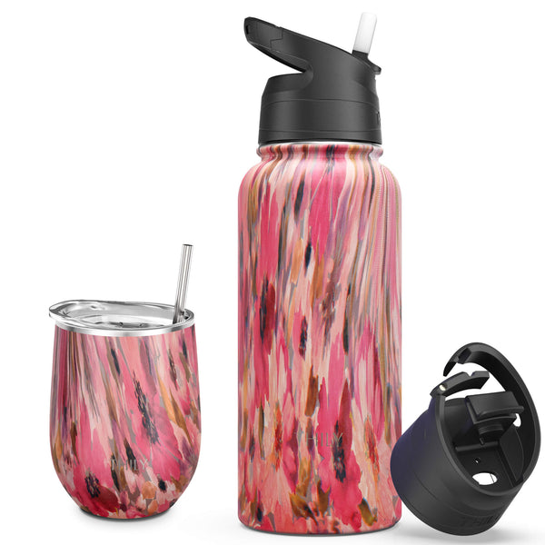 THILY 12 oz Wine Tumbler and 32 oz Water Bottle, Watercolor Flower - THILY