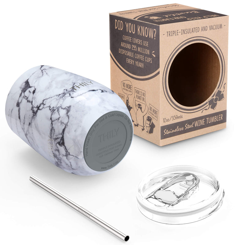THILY 12 oz Wine Tumbler and 32 oz Water Bottle, White Marble - THILY