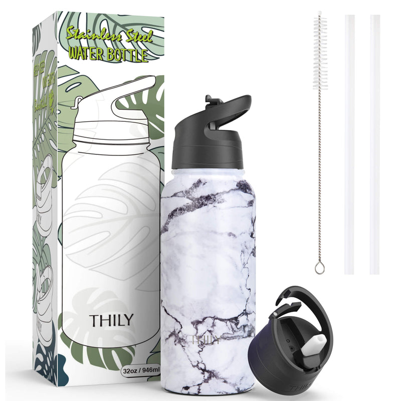 THILY 12 oz Wine Tumbler and 32 oz Water Bottle, White Marble - THILY
