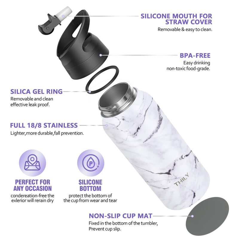 THILY 12 oz Wine Tumbler and 32 oz Water Bottle, White Marble - THILY