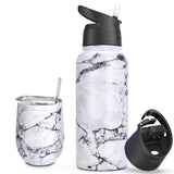 THILY 12 oz Wine Tumbler and 32 oz Water Bottle, White Marble - THILY