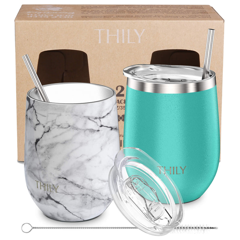 Stainless Steel Insulated Wine Tumbler - THILY Stemless Wine Glass with Lid  and Straw, Splash-proof, Cute Travel Cup for Coffee, Cocktails, Gifts for
