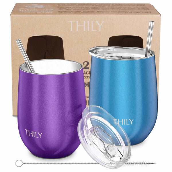 Metal Insulated Stemless Wine Glasses - THILY 4 Pack Stainless Steel Wine  Tumbler with Lid and Straw, Travel Cup Set, Reusable, Keep Cold & Hot for  Wine, Coffee, Drinks, Silver 