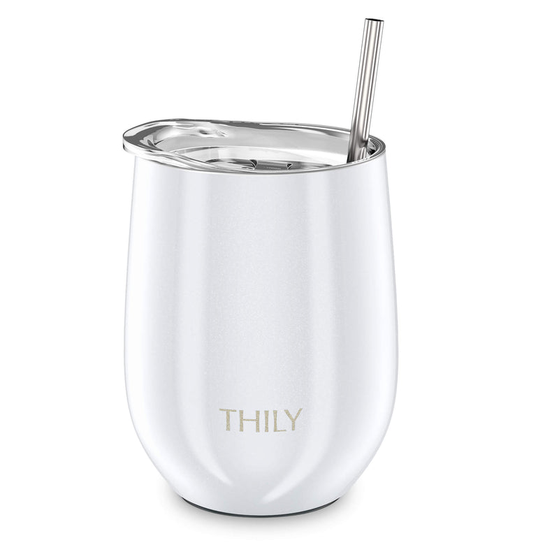 Stainless Steel Insulated Wine Tumbler - THILY Stemless Wine Glass with  Sliding Lid and Straw, Cute Travel Cup Keep Coffee and Cocktails Cold,  Gifts